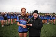 16 March 2024; Katie O’Meara of Loreto College Cavan receives the player of the match award from Gearldine Carey representing the LGFA following the 2024 Lidl All-Ireland Junior Post-Primary Schools Junior A Championship final between FCJ Secondary School, Bunclody, Wexford and Loreto College, Cavan, at the GAA National Games Development Centre, Abbotstown in Dublin. Photo by Michael P Ryan/Sportsfile