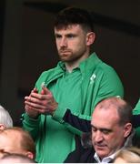16 March 2024; Hugo Keenan of Ireland watches on before the Guinness Six Nations Rugby Championship match between Ireland and Scotland at the Aviva Stadium in Dublin. Photo by Brendan Moran/Sportsfile
