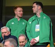 16 March 2024; Injured Ireland players, Ciarán Frawley, left, and James Ryan before the Guinness Six Nations Rugby Championship match between Ireland and Scotland at the Aviva Stadium in Dublin. Photo by Brendan Moran/Sportsfile