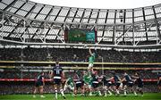 16 March 2024; Tadhg Beirne of Ireland wins posession in a line-out during the Guinness Six Nations Rugby Championship match between Ireland and Scotland at the Aviva Stadium in Dublin. Photo by Harry Murphy/Sportsfile