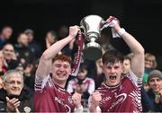 16 March 2024; Omagh CBS joint-captains Callum Daly, left, and Ruairí McCullagh lift the cup after their side's victory in the Masita GAA Football Post Primary Schools Hogan Cup final match between Mercy Mounthawk of Kerry and Omagh CBS of Tyrone at Croke Park in Dublin. Photo by Piaras Ó Mídheach/Sportsfile