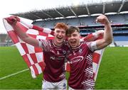 16 March 2024; Omagh CBS players Callum Daly, left, and Nathan Farry celebrate after their side's victory in the Masita GAA Football Post Primary Schools Hogan Cup final match between Mercy Mounthawk of Kerry and Omagh CBS of Tyrone at Croke Park in Dublin. Photo by Piaras Ó Mídheach/Sportsfile