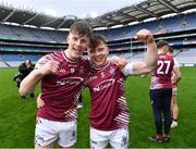 16 March 2024; Omagh CBS players Ruairí McCullagh, left, and Nathan Farry celebrate after their side's victory in the Masita GAA Football Post Primary Schools Hogan Cup final match between Mercy Mounthawk of Kerry and Omagh CBS of Tyrone at Croke Park in Dublin. Photo by Piaras Ó Mídheach/Sportsfile