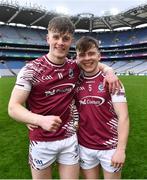 16 March 2024; Omagh CBS players Ruairí McCullagh, left, and Nathan Farry celebrate after their side's victory in the Masita GAA Football Post Primary Schools Hogan Cup final match between Mercy Mounthawk of Kerry and Omagh CBS of Tyrone at Croke Park in Dublin. Photo by Piaras Ó Mídheach/Sportsfile