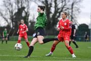16 March 2024; Karen Duggan of Peamount United in action against Lucy O'Rourke of Shelbourne during the SSE Airtricity Women's Premier Division match between Peamount United and Shelbourne at PRL Park in Greenogue, Dublin. Photo by Ben McShane/Sportsfile