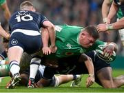 16 March 2024; Tadhg Furlong of Ireland dives over to score his side's second try which was subsequently disallowed, due to a knock on after a TMO review, during the Guinness Six Nations Rugby Championship match between Ireland and Scotland at the Aviva Stadium in Dublin. Photo by Sam Barnes/Sportsfile