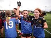 16 March 2024; Loreto College Cavan players Molly Smith, left, and Aine McDwyer celebrate after their side's victory in the 2024 Lidl All-Ireland Junior Post-Primary Schools Junior A Championship final between FCJ Secondary School, Bunclody, Wexford and Loreto College, Cavan, at the GAA National Games Development Centre, Abbotstown in Dublin. Photo by Michael P Ryan/Sportsfile