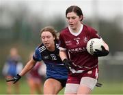 16 March 2024; Sarah Kirwan of FCJ Bunclody in action against Eimear Gannon of Loreto College Cavan during the 2024 Lidl All-Ireland Junior Post-Primary Schools Junior A Championship final between FCJ Secondary School, Bunclody, Wexford and Loreto College, Cavan, at the GAA National Games Development Centre, Abbotstown in Dublin. Photo by Michael P Ryan/Sportsfile