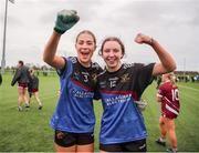 16 March 2024; Loreto College Cavan players Annie Crowe, left, and Eimear Gannon celebrate after their side's victory in the 2024 Lidl All-Ireland Junior Post-Primary Schools Junior A Championship final between FCJ Secondary School, Bunclody, Wexford and Loreto College, Cavan, at the GAA National Games Development Centre, Abbotstown in Dublin. Photo by Michael P Ryan/Sportsfile