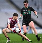 16 March 2024; Mark Corcoran of Omagh CBS in action against Cian O'Gara of Mercy Mounthawk during the Masita GAA Football Post Primary Schools Hogan Cup final match between Mercy Mounthawk of Kerry and Omagh CBS of Tyrone at Croke Park in Dublin. Photo by Piaras Ó Mídheach/Sportsfile