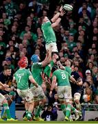 16 March 2024; Peter O’Mahony of Ireland wins possession in a line-out during the Guinness Six Nations Rugby Championship match between Ireland and Scotland at the Aviva Stadium in Dublin. Photo by Brendan Moran/Sportsfile