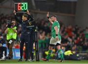 16 March 2024; Peter O’Mahony of Ireland waves to supporters as he is substituted for team-mate Jack Conan during the Guinness Six Nations Rugby Championship match between Ireland and Scotland at the Aviva Stadium in Dublin. Photo by Sam Barnes/Sportsfile