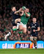 16 March 2024; Kyle Steyn of Scotland in action against Rónan Kelleher of Ireland during the Guinness Six Nations Rugby Championship match between Ireland and Scotland at the Aviva Stadium in Dublin. Photo by Brendan Moran/Sportsfile