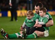 16 March 2024; Cian Healy of Ireland with his children Russell and Beau after the Guinness Six Nations Rugby Championship match between Ireland and Scotland at the Aviva Stadium in Dublin. Photo by Harry Murphy/Sportsfile