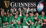 16 March 2024; Ireland captain Peter O'Mahony, right, and Tadhg Furlong lift the Six Nations trophy after the Guinness Six Nations Rugby Championship match between Ireland and Scotland at the Aviva Stadium in Dublin. Photo by Sam Barnes/Sportsfile