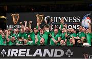 16 March 2024; Ireland captain Peter O'Mahony, right, and Tadhg Furlong lift the Six Nations trophy after the Guinness Six Nations Rugby Championship match between Ireland and Scotland at the Aviva Stadium in Dublin. Photo by Harry Murphy/Sportsfile