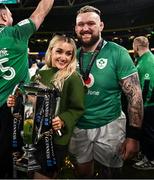 16 March 2024; Andrew Porter of Ireland and his partner Elaine Sutton celebrate with the Six Nations trophy after the Guinness Six Nations Rugby Championship match between Ireland and Scotland at the Aviva Stadium in Dublin. Photo by Harry Murphy/Sportsfile
