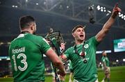 16 March 2024; Jack Crowley of Ireland, right, and Robbie Henshaw after the Guinness Six Nations Rugby Championship match between Ireland and Scotland at the Aviva Stadium in Dublin. Photo by Harry Murphy/Sportsfile