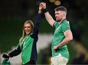16 March 2024; Ireland captain Peter O'Mahony and his wife Jessica Moloney after the Guinness Six Nations Rugby Championship match between Ireland and Scotland at the Aviva Stadium in Dublin. Photo by Brendan Moran/Sportsfile