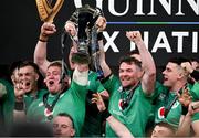 16 March 2024; Ireland captain Peter O'Mahony, right, and Tadhg Furlong lift the Six Nations Trophy after the Guinness Six Nations Rugby Championship match between Ireland and Scotland at the Aviva Stadium in Dublin. Photo by Brendan Moran/Sportsfile