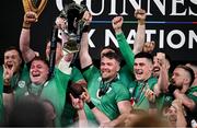 16 March 2024; Ireland captain Peter O'Mahony, right, and Tadhg Furlong lift the Six Nations Trophy after the Guinness Six Nations Rugby Championship match between Ireland and Scotland at the Aviva Stadium in Dublin. Photo by Brendan Moran/Sportsfile