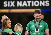 16 March 2024; Ireland captain Peter O'Mahony with his wife Jessica Moloney and son Ralph after the Guinness Six Nations Rugby Championship match between Ireland and Scotland at the Aviva Stadium in Dublin. Photo by Brendan Moran/Sportsfile