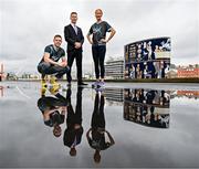 19 March 2024; In attendance at the announcement of A&L Goodbody’s title sponsorship of Athletics Ireland’s ALG5K Corporate Team Challenge, formerly GT5K, are, from left, Ambassador Dean Rock, ALG Partner David Widger, and Ambassador Catherina McKiernan, in Dublin City Centre on September 10th, 2024. Photo by Sam Barnes/Sportsfile