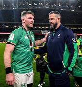 16 March 2024; Ireland captain Peter O'Mahony and Ireland head coach Andy Farrell after the Guinness Six Nations Rugby Championship match between Ireland and Scotland at the Aviva Stadium in Dublin. Photo by Harry Murphy/Sportsfile