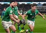 16 March 2024; Jack Crowley of Ireland, right, and Robbie Henshaw after the Guinness Six Nations Rugby Championship match between Ireland and Scotland at the Aviva Stadium in Dublin. Photo by Harry Murphy/Sportsfile