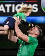 16 March 2024; Ireland captain Peter O'Mahony with his son Ralph after the Guinness Six Nations Rugby Championship match between Ireland and Scotland at the Aviva Stadium in Dublin. Photo by Brendan Moran/Sportsfile