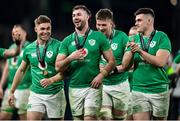 16 March 2024; Ireland players, including Jack Crowley, left, and Caelan Doris, centre, after the Guinness Six Nations Rugby Championship match between Ireland and Scotland at the Aviva Stadium in Dublin. Photo by Sam Barnes/Sportsfile
