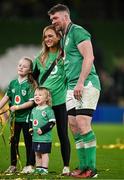 16 March 2024; Ireland captain Peter O'Mahony with his wife Jessica Moloney and children Theo and Indie after the Guinness Six Nations Rugby Championship match between Ireland and Scotland at the Aviva Stadium in Dublin. Photo by Brendan Moran/Sportsfile