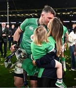 16 March 2024; Ireland captain Peter O'Mahony celebrates with his wife Jessica Moloney and son Ralph after the Guinness Six Nations Rugby Championship match between Ireland and Scotland at the Aviva Stadium in Dublin. Photo by Harry Murphy/Sportsfile