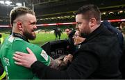 16 March 2024; Andrew Porter of Ireland, left, is congratulated by his friend Pearse O'Loughlin after the Guinness Six Nations Rugby Championship match between Ireland and Scotland at the Aviva Stadium in Dublin. Photo by Sam Barnes/Sportsfile