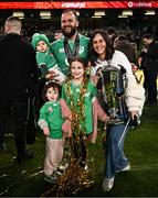 16 March 2024; Jamison Gibson-Park of Ireland with his partner Patti Grogan, children Jai, Isabella and Iris after the Guinness Six Nations Rugby Championship match between Ireland and Scotland at the Aviva Stadium in Dublin. Photo by Harry Murphy/Sportsfile
