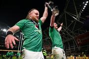 16 March 2024; Finlay Bealham of Ireland, left, and Joe McCarthy after the Guinness Six Nations Rugby Championship match between Ireland and Scotland at the Aviva Stadium in Dublin. Photo by Harry Murphy/Sportsfile