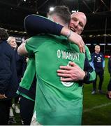16 March 2024; Ireland captain Peter O'Mahony is congratulated by Ireland forwards coach Paul O'Connell during the Guinness Six Nations Rugby Championship match between Ireland and Scotland at the Aviva Stadium in Dublin. Photo by Brendan Moran/Sportsfile