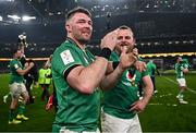 16 March 2024; Ireland captain Peter O'Mahony, left, and Finlay Bealham after the Guinness Six Nations Rugby Championship match between Ireland and Scotland at the Aviva Stadium in Dublin. Photo by Harry Murphy/Sportsfile