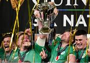 16 March 2024; Ireland captain Peter O'Mahony, right, and Tadhg Furlong lift the Six Nations trophy after the Guinness Six Nations Rugby Championship match between Ireland and Scotland at the Aviva Stadium in Dublin. Photo by Brendan Moran/Sportsfile
