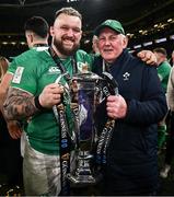 16 March 2024; Andrew Porter of Ireland and his father Ernie with the trophy during the Guinness Six Nations Rugby Championship match between Ireland and Scotland at the Aviva Stadium in Dublin. Photo by Harry Murphy/Sportsfile