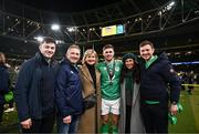 16 March 2024; Jack Crowley of Ireland with his family after his side's victory in the Guinness Six Nations Rugby Championship match between Ireland and Scotland at the Aviva Stadium in Dublin. Photo by Harry Murphy/Sportsfile