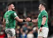 16 March 2024; Rónan Kelleher and Cian Healy of Ireland after their side's victory in the Guinness Six Nations Rugby Championship match between Ireland and Scotland at the Aviva Stadium in Dublin. Photo by Harry Murphy/Sportsfile