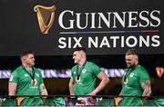16 March 2024; Ireland players, from left, Tadhg Furlong, Dan Sheehan and Andrew Porter after their side's victory in the Guinness Six Nations Rugby Championship match between Ireland and Scotland at the Aviva Stadium in Dublin. Photo by Harry Murphy/Sportsfile