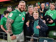 16 March 2024; Andrew Porter of Ireland celebrates with his in-laws Sean and Therese Sutton after the Guinness Six Nations Rugby Championship match between Ireland and Scotland at the Aviva Stadium in Dublin. Photo by Sam Barnes/Sportsfile