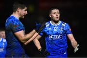 16 March 2024; Dessie Ward, right, and Darren Hughes of Monaghan react during the Allianz Football League Division 1 match between Tyrone and Monaghan at O'Neills Healy Park in Omagh, Tyrone.  Photo by Ramsey Cardy/Sportsfile