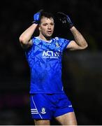 16 March 2024; Ryan Wylie of Monaghan reacts during the Allianz Football League Division 1 match between Tyrone and Monaghan at O'Neills Healy Park in Omagh, Tyrone.  Photo by Ramsey Cardy/Sportsfile