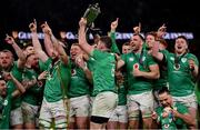 16 March 2024; Ireland captain Peter O'Mahony and teammates celebrate with the Six Nations trophy after the Guinness Six Nations Rugby Championship match between Ireland and Scotland at the Aviva Stadium in Dublin. Photo by Brendan Moran/Sportsfile