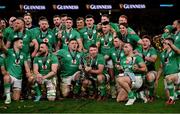 16 March 2024; Ireland captain Peter O'Mahony, Tadhg Furlong and teammates celebrate with the Six Nations trophy after the Guinness Six Nations Rugby Championship match between Ireland and Scotland at the Aviva Stadium in Dublin. Photo by Brendan Moran/Sportsfile