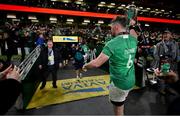 16 March 2024; Ireland captain Peter O'Mahony leaves the pitch with the Six Nations trophy after the Guinness Six Nations Rugby Championship match between Ireland and Scotland at the Aviva Stadium in Dublin. Photo by Brendan Moran/Sportsfile