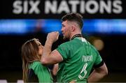 16 March 2024; Ireland captain Peter O'Mahony with his wife Jessica Moloney after the Guinness Six Nations Rugby Championship match between Ireland and Scotland at the Aviva Stadium in Dublin. Photo by Brendan Moran/Sportsfile